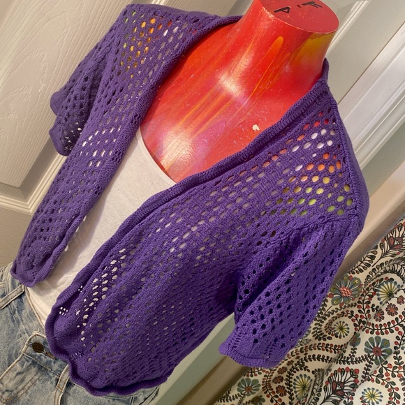 VINTAGE SARA MORGAN Purple Open-Knit Cropped Cardigan Sweater - Picture 3 of 12